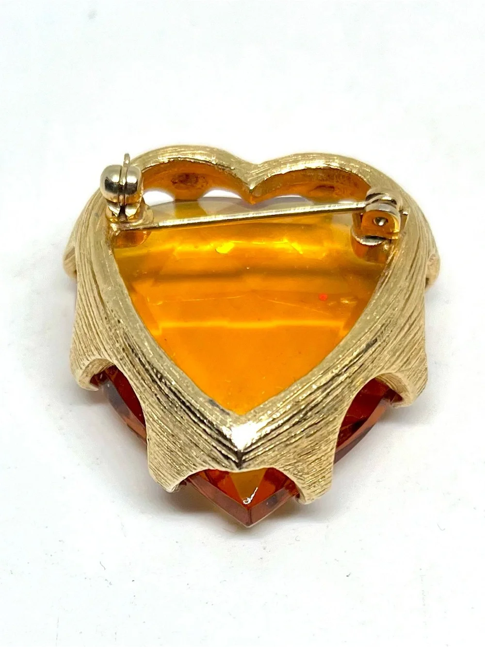 Vintage Amber Colored  Glass Heart Brooch